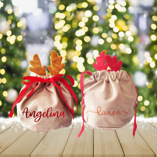 Personalised Red Mini Reindeer Ear Velvet Gift Bags