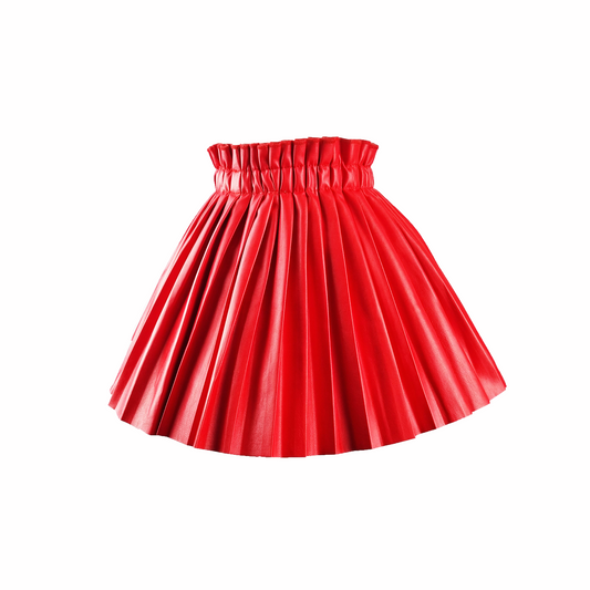 Girls Red Pleated Faux Leather Skirt.