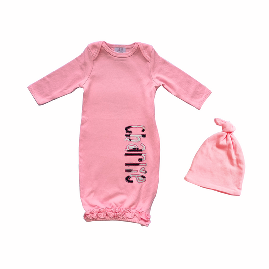 Pink Ruffle Baby Gown and Matching Hat Set/ Homecoming Outfit.