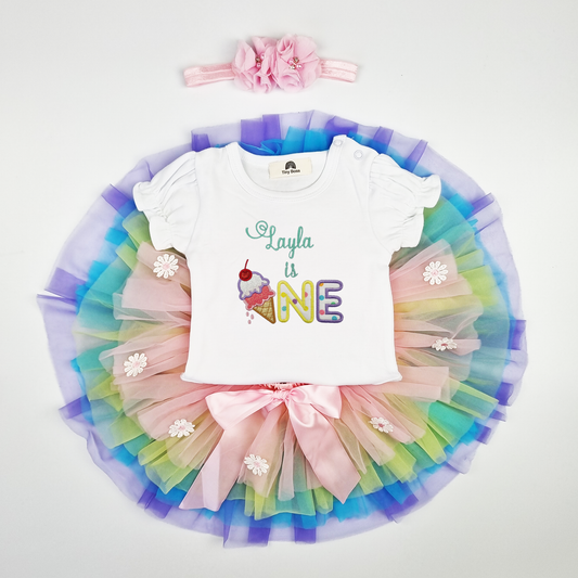 "ONE" Ice-cream Cone 1st Birthday Outfit Set (Puff sleeve Onesie + Rainbow tutu with bloomer + Headband)