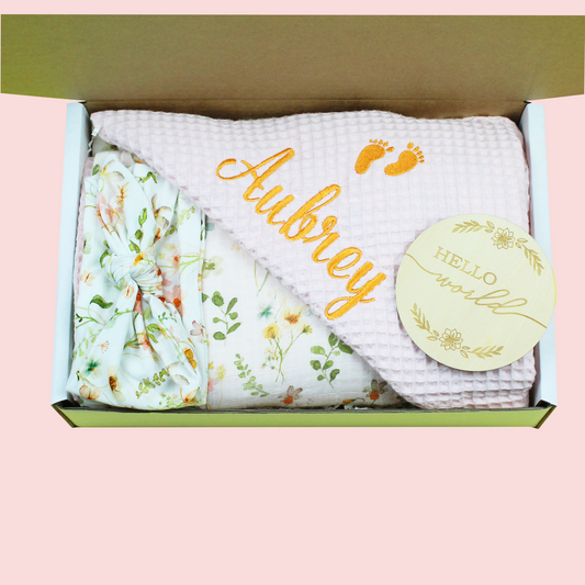 Personalised Wild Flowers Baby Blanket Gift Box.(blanket + a matching headband + Birth Announcement Disc)