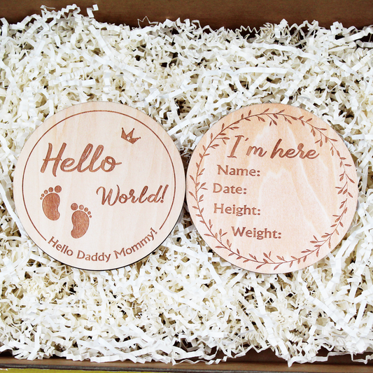 Wooden " Hello World "& Baby Footprint Double-sided Birth Announcement Plaque.