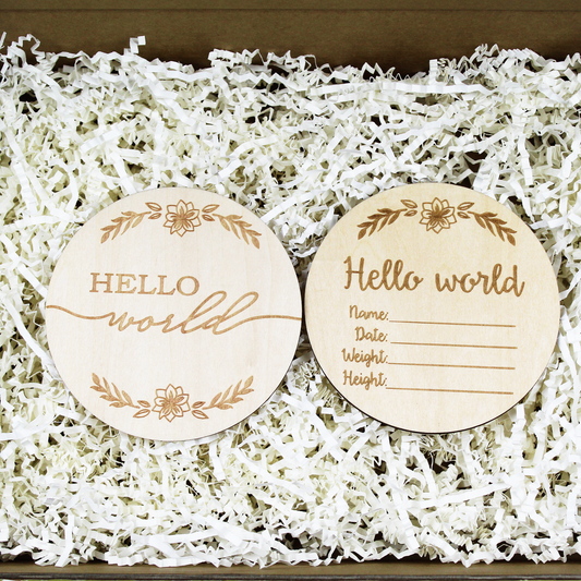 Wooden Floral "Hello World" Double-sided Birth Announcement Plaque