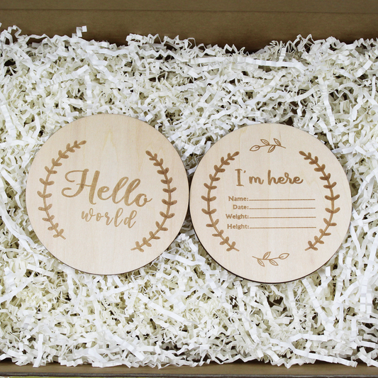 Wooden Leaves "Hello World" Double-sided Birth Announcement Plaque