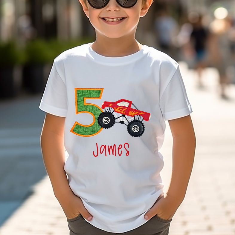 a birthday t-shirt for boys with a design of a monster truck .