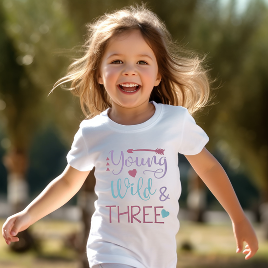 Girls "YOUNG WILD AND THREE" Birthday T-shirt.