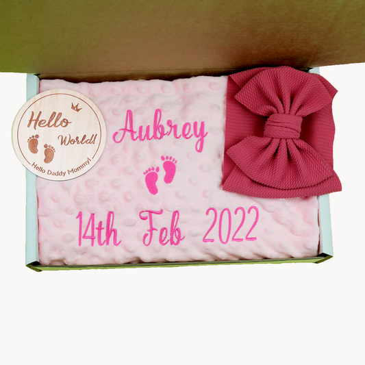 Super Soft Pink Minky Baby Blanket Gift Box ( Blanket + Headwrap + Milestone Plaque)