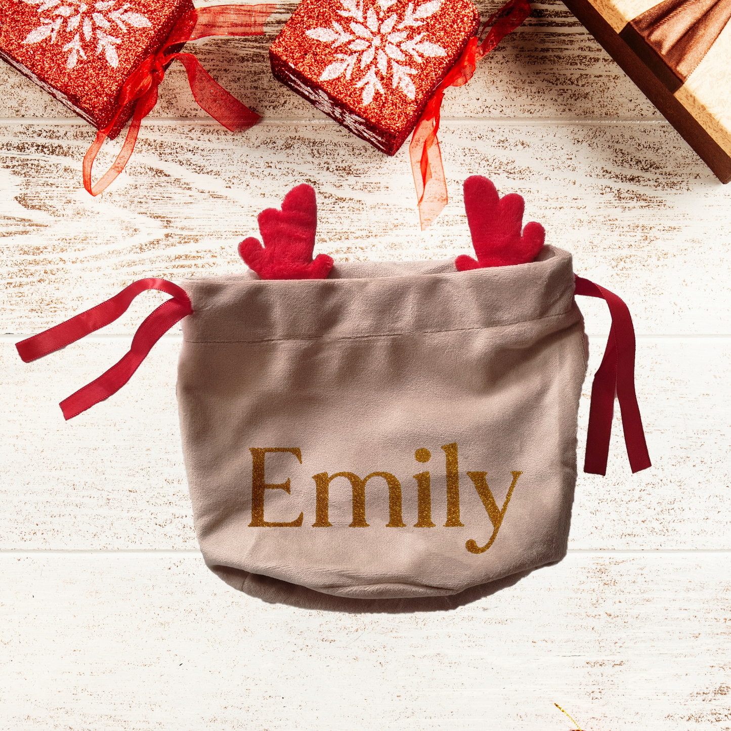 Personalised Red Mini Reindeer Ear Velvet Gift Bags