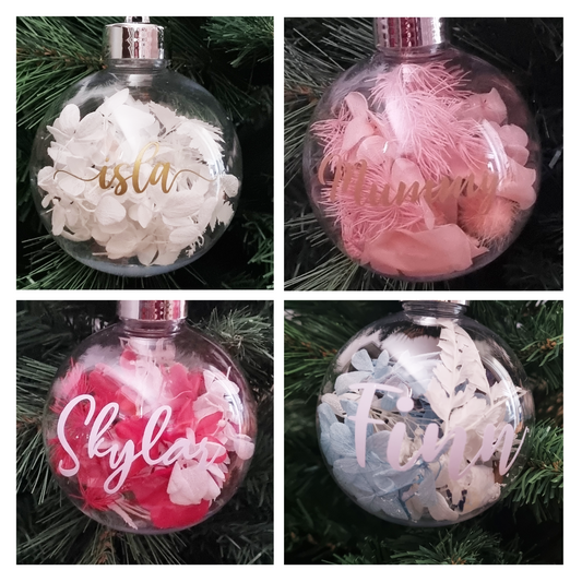 Personalised Dried Flower Shatterproof Christmas Baubles.