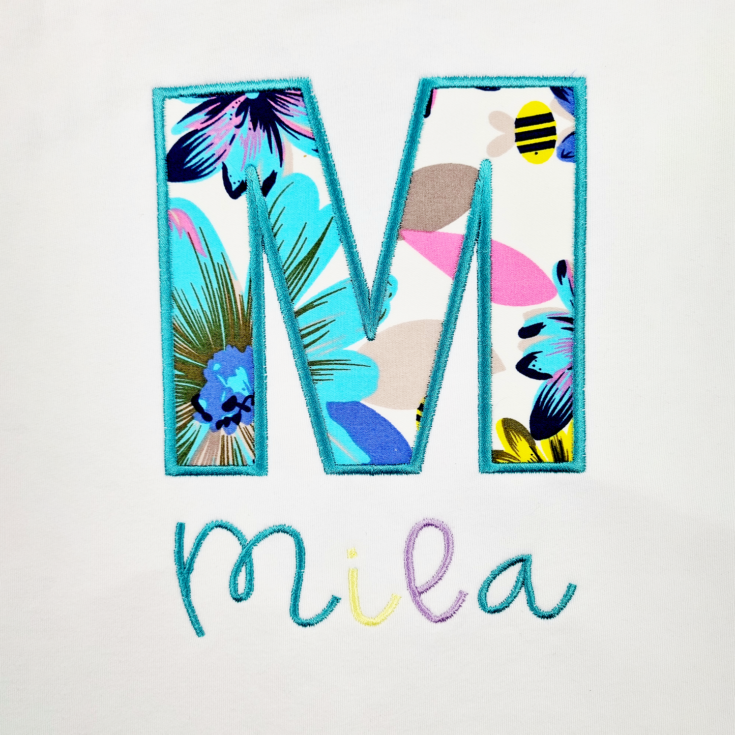 Personalised Floral Alphabet Name Applique T-shirt.