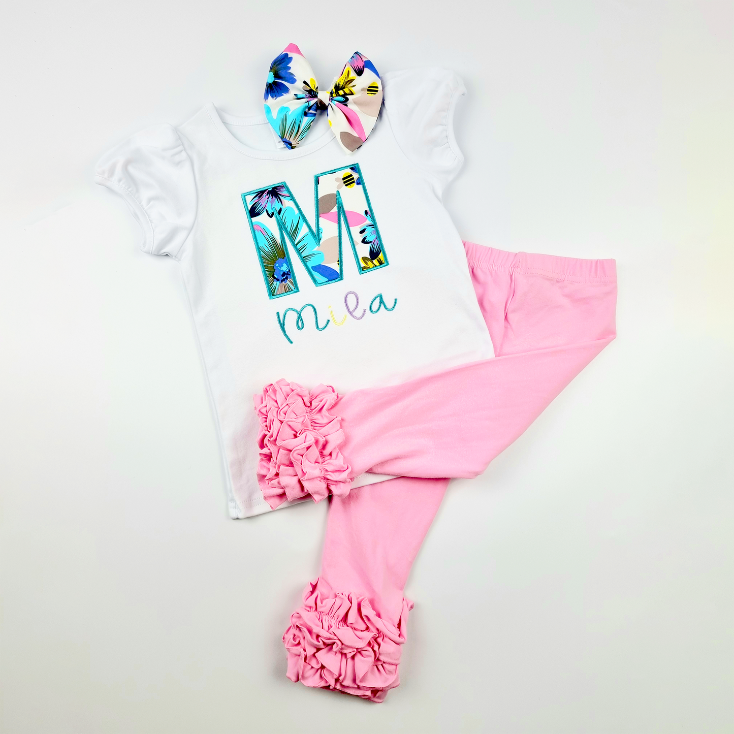 Personalised Floral Alphabet Name Applique T-shirt.