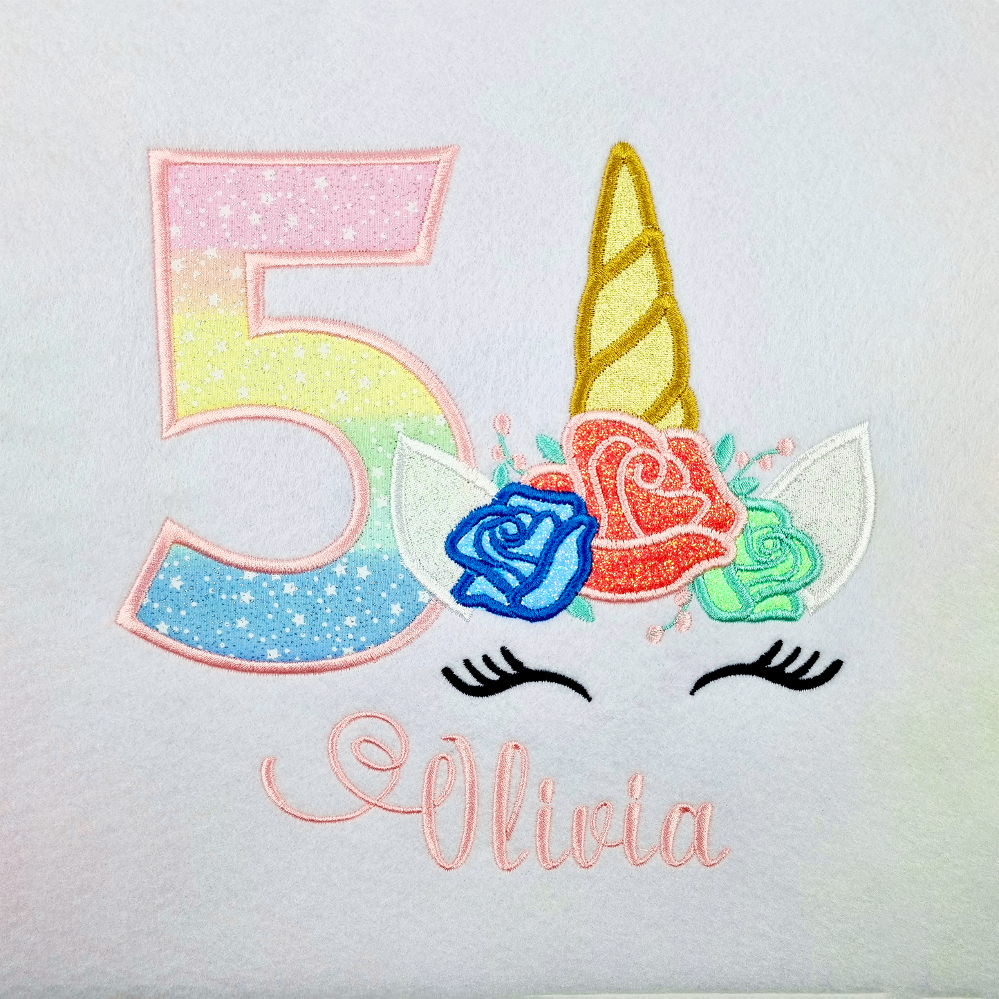 Personalised Rainbow Gold Glitter Unicorn Birthday T-Shirt.