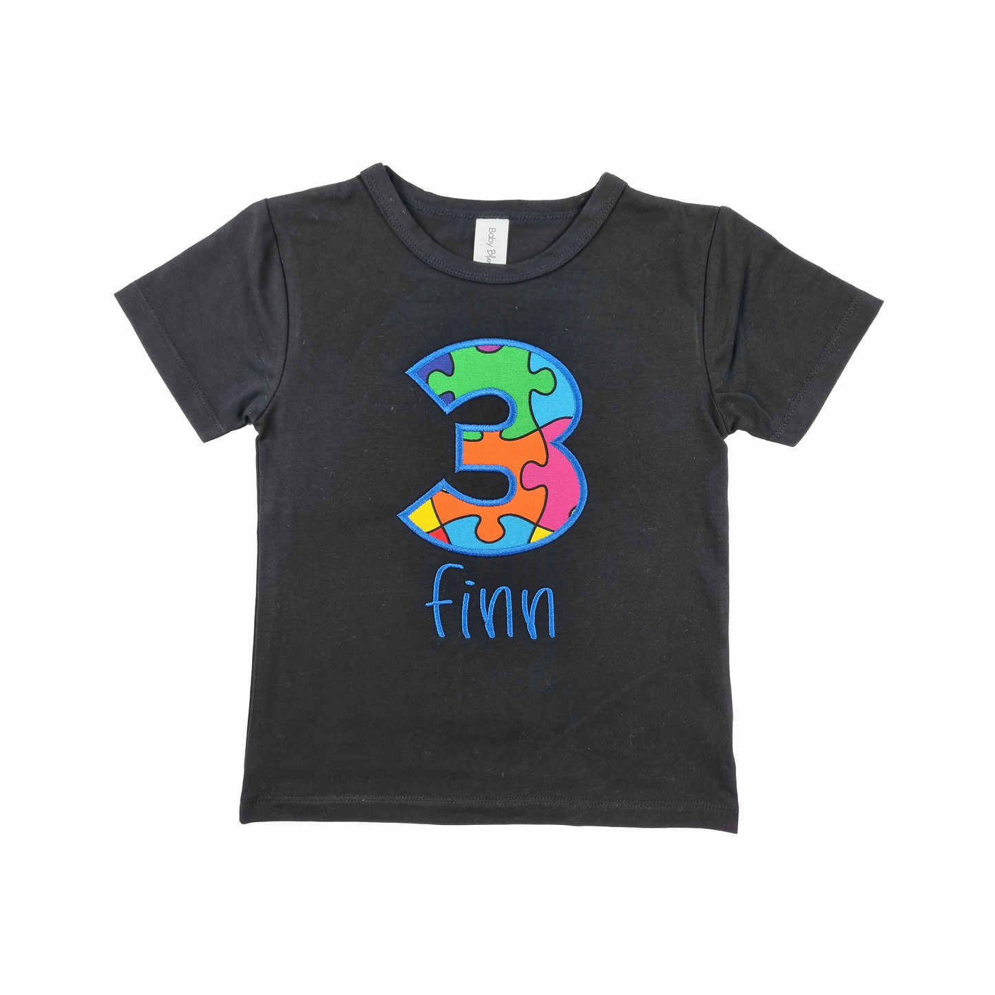 Kids Personalised Black Number Applique Birthday T-shirt (Style 1).