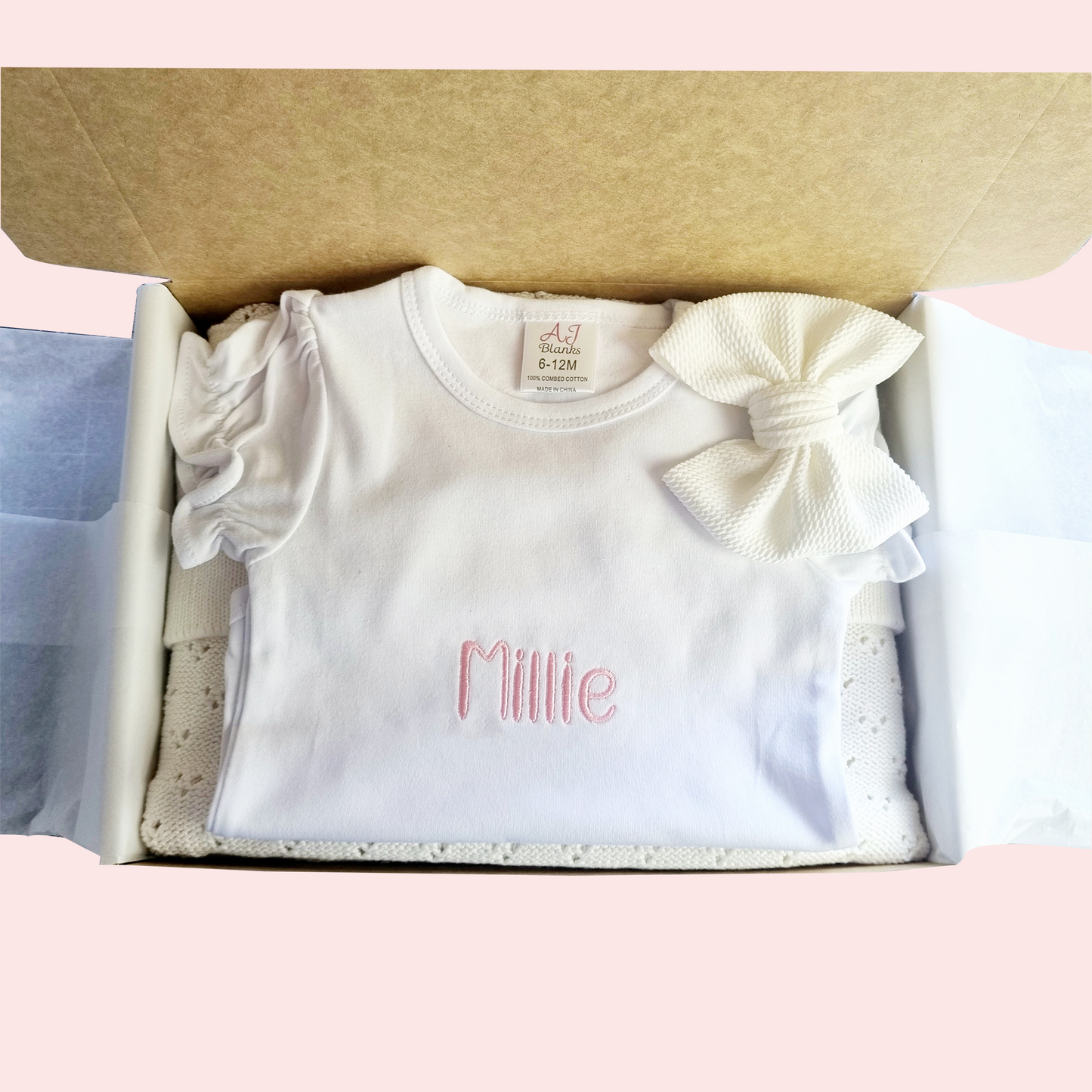 Pure Delights Baby Gift Set.(Puff sleeve Onesie + Knitted Blanket + Hair Bow)