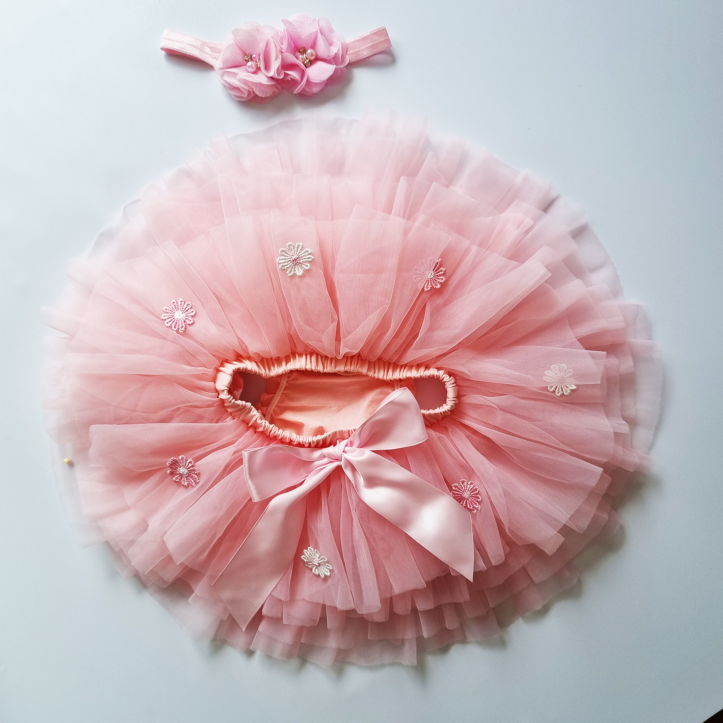 Baby Pink Soft Layered Tutu Skirt with Embroidered flowers and Headband Set