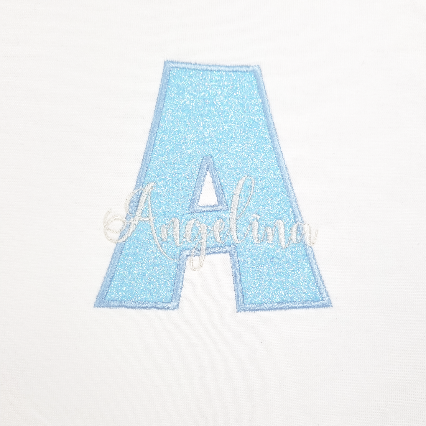 Unisex Glitter Light Blue Monogram Letter on Black T-shirt