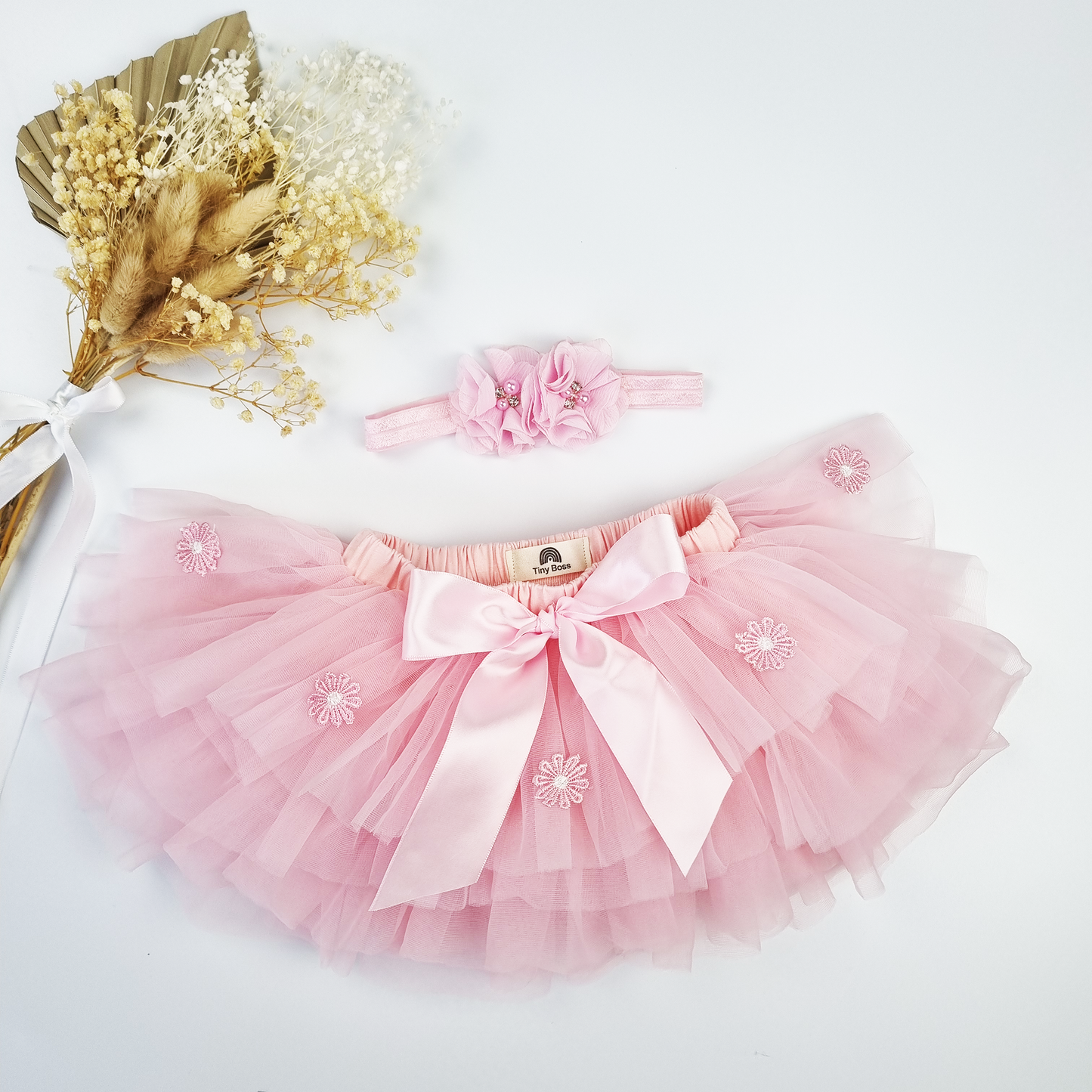 Rainbow Soft Layered Tutu Skirt with Embroidered flowers and Headband Set