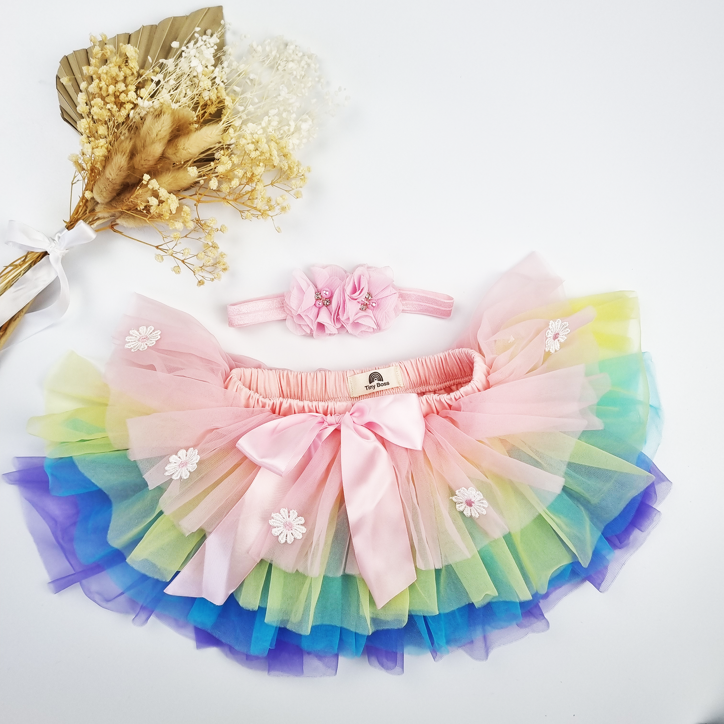 Baby Pink Soft Layered Tutu Skirt with Embroidered flowers and Headband Set