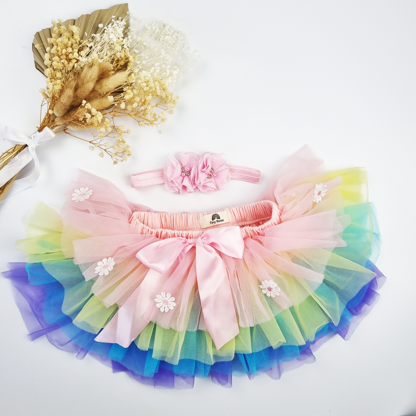 "ONE" Ice-cream Cone 1st Birthday Outfit Set (Puff sleeve Onesie + Rainbow tutu with bloomer + Headband)