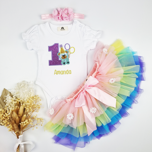 Baby Girls Bear 1st Birthday Outfit Set (Puff sleeve Onesie + Rainbow tutu with bloomer + Headband)