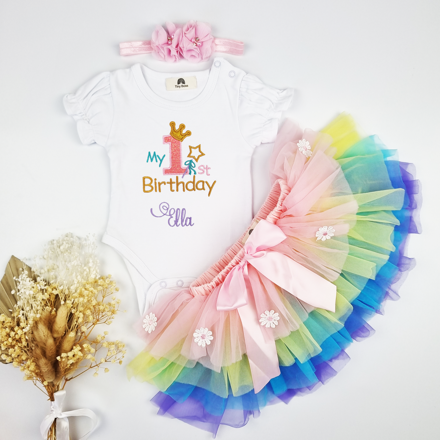 "MY 1ST BIRTHDAY" Crown Birthday Outfit Set (Puff Sleeve Onesie + Rainbow Tutu with Bloomer + Headband)