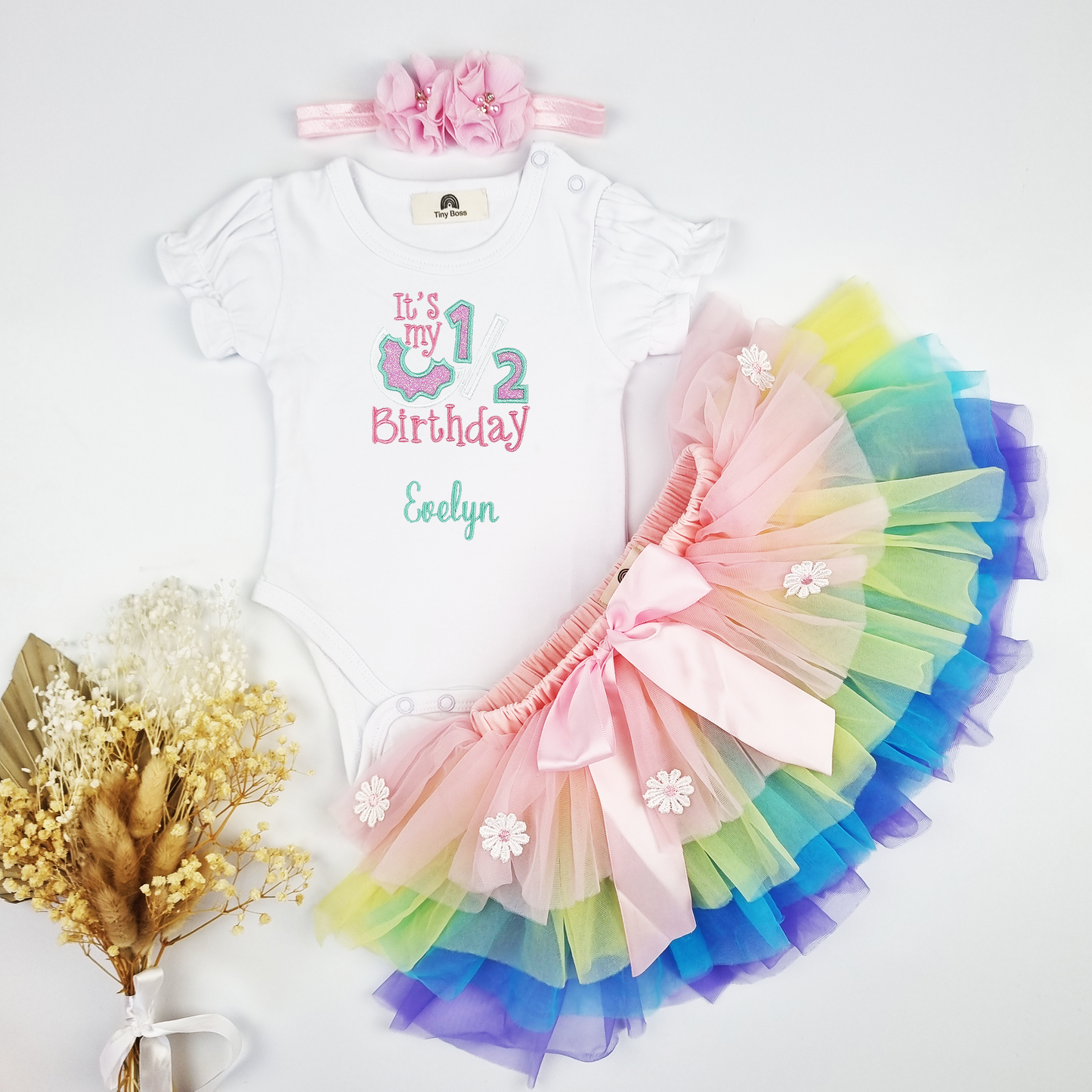 "IT'S MY 1/2 BIRTHDAY" Birthday Outfit Set (Puff sleeve Onesie + Rainbow tutu with bloomer + Headband)