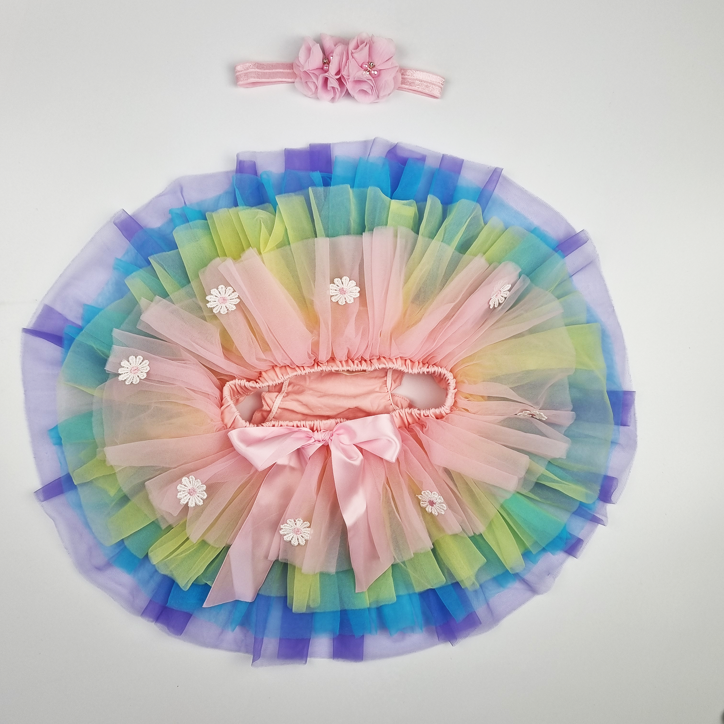"MY 1ST BIRTHDAY" Crown Birthday Outfit Set (Puff Sleeve Onesie + Rainbow Tutu with Bloomer + Headband)