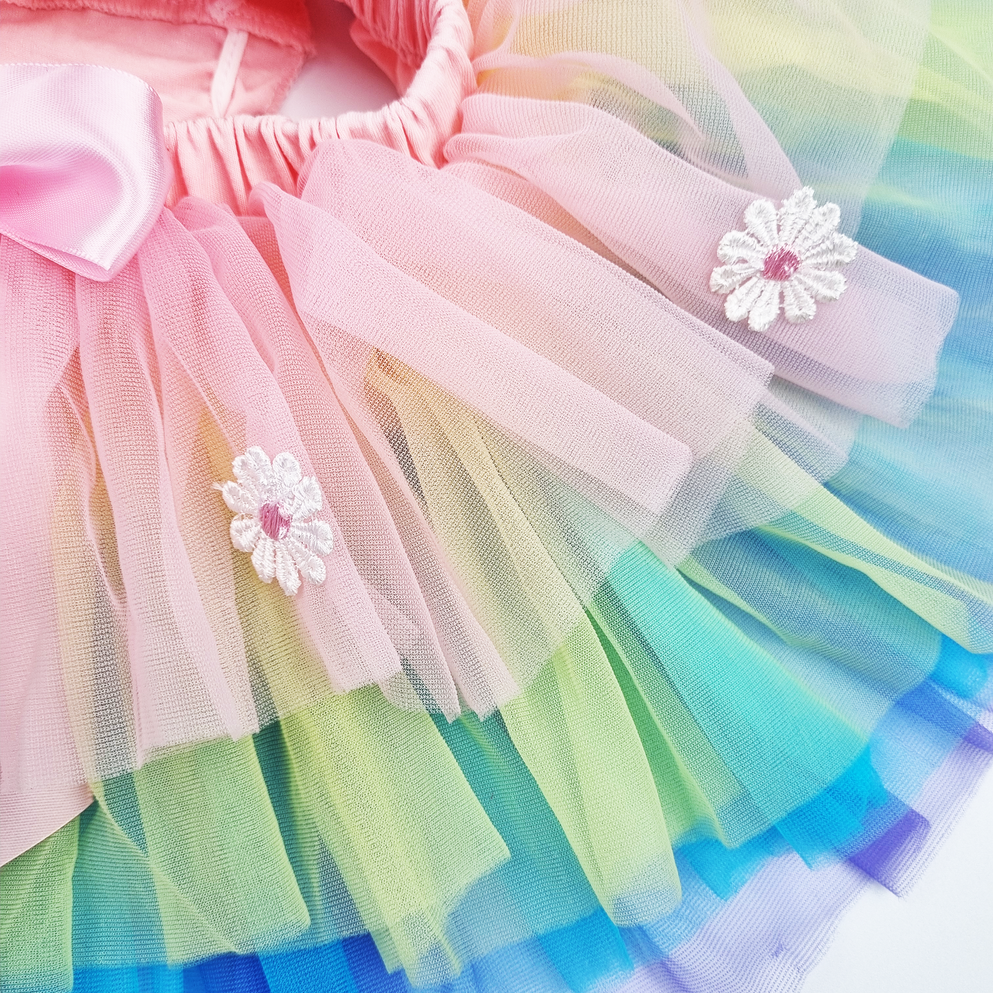 Rainbow Soft Layered Tutu Skirt with Embroidered flowers and Headband Set