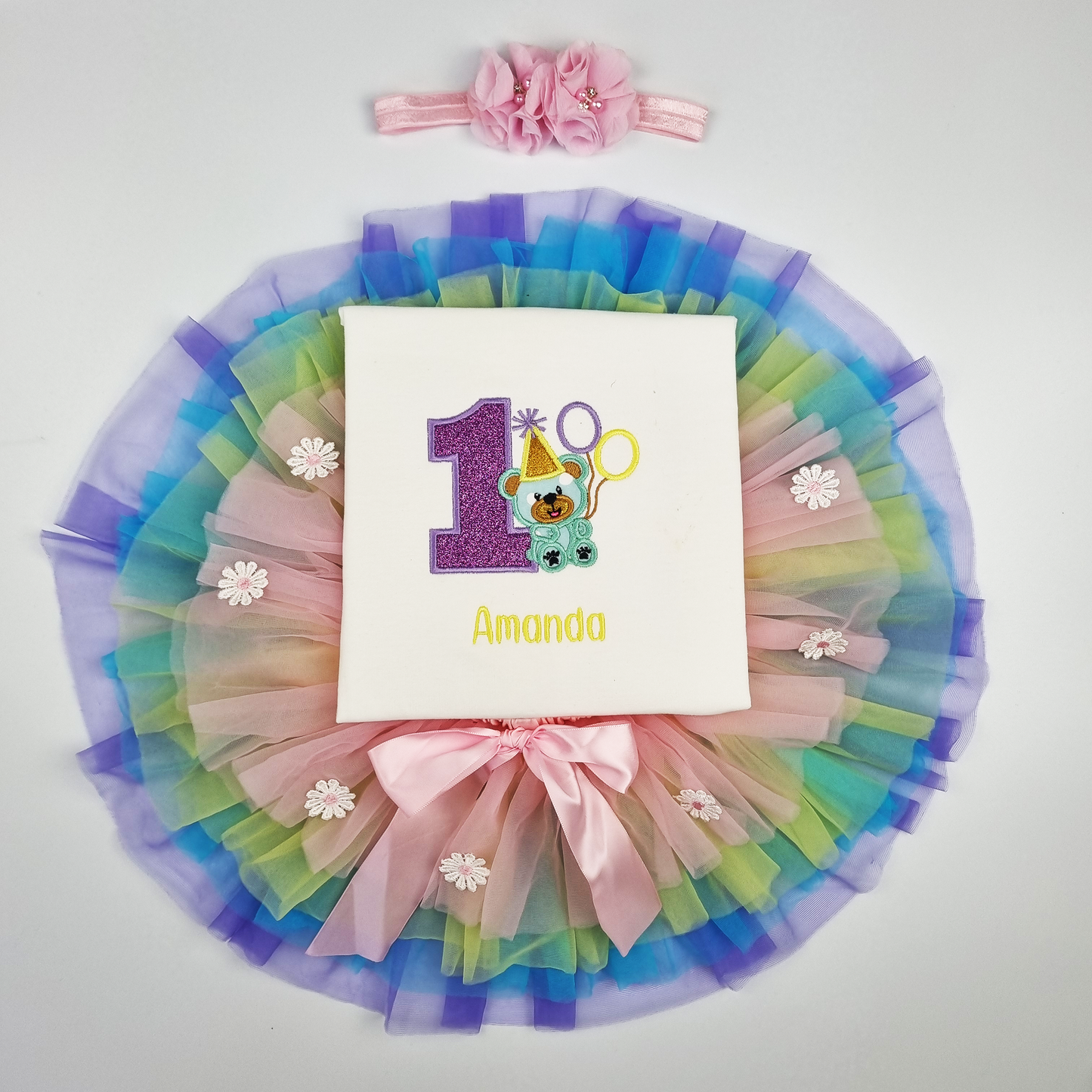 Baby Girls Bear 1st Birthday Outfit Set (Puff sleeve Onesie + Rainbow tutu with bloomer + Headband)