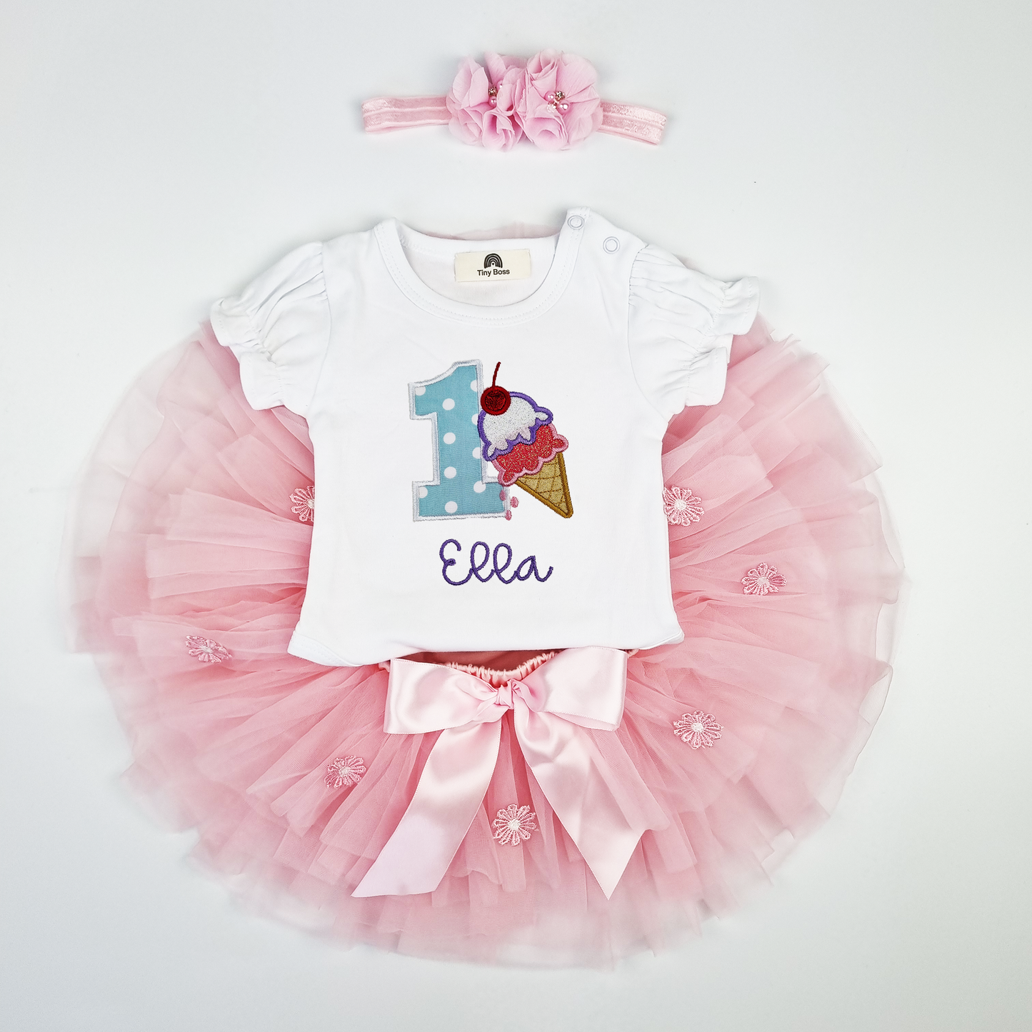 Ice-cream Cone 1st Birthday Outfit Set (Puff sleeve Onesie + Baby Pink tutu with bloomer + Headband)