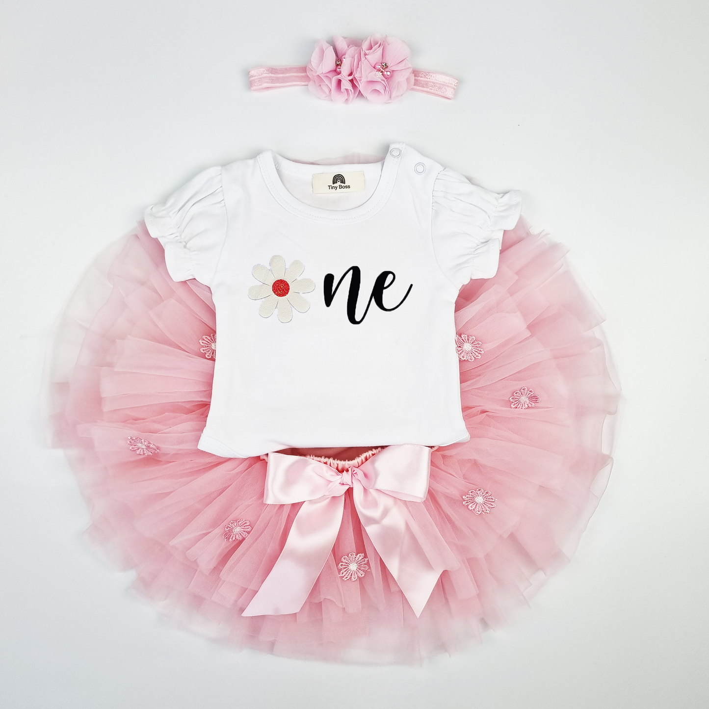 Baby Pink Daisy ONE Birthday Tutu Set ( Puff sleeve Onesie + tutu with bloomer + Headband )