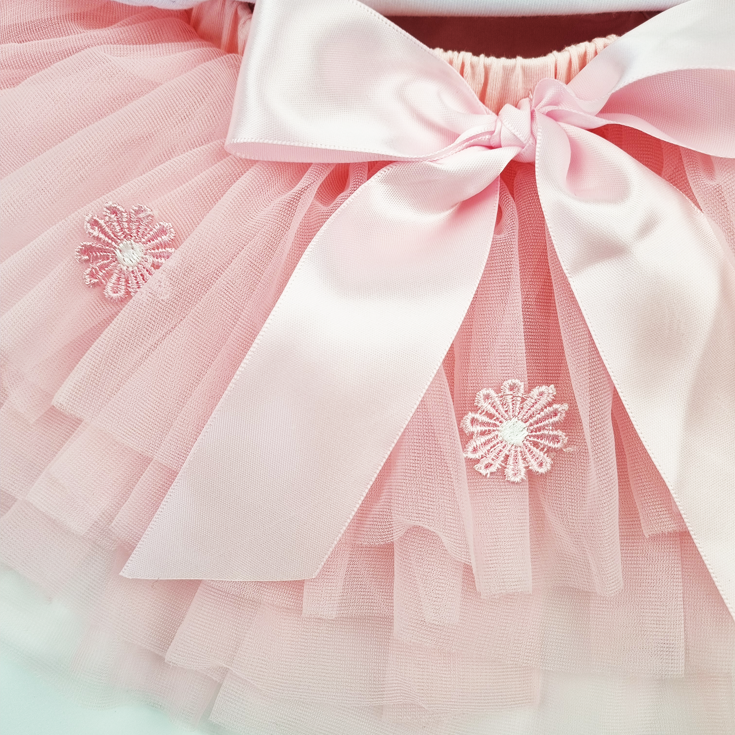 Baby Pink Soft Layered Tutu Skirt with Embroidered flowers and Headband Set