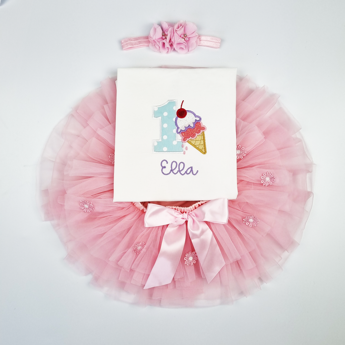 Ice-cream Cone 1st Birthday Outfit Set (Puff sleeve Onesie + Baby Pink tutu with bloomer + Headband)