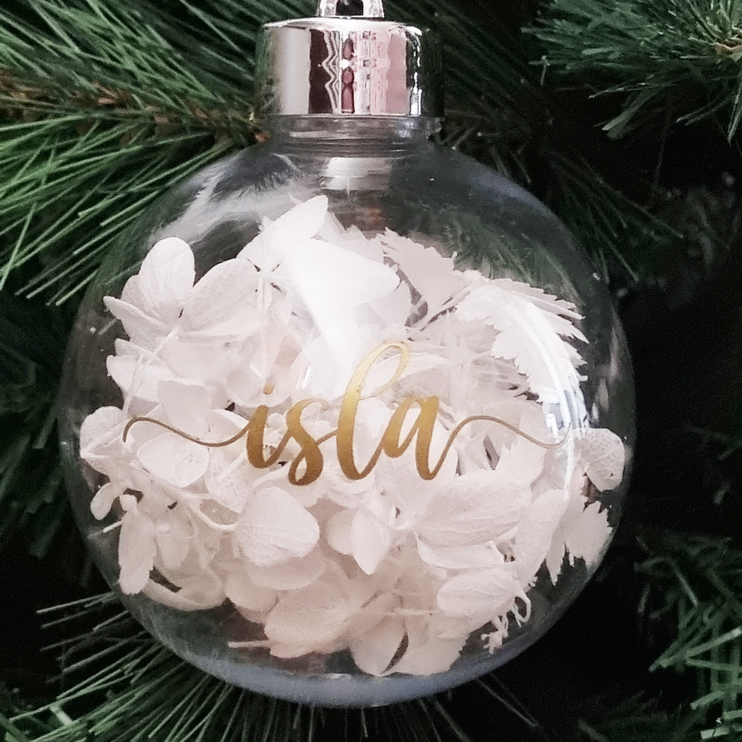 Personalised Dried Flower Shatterproof Christmas Baubles.