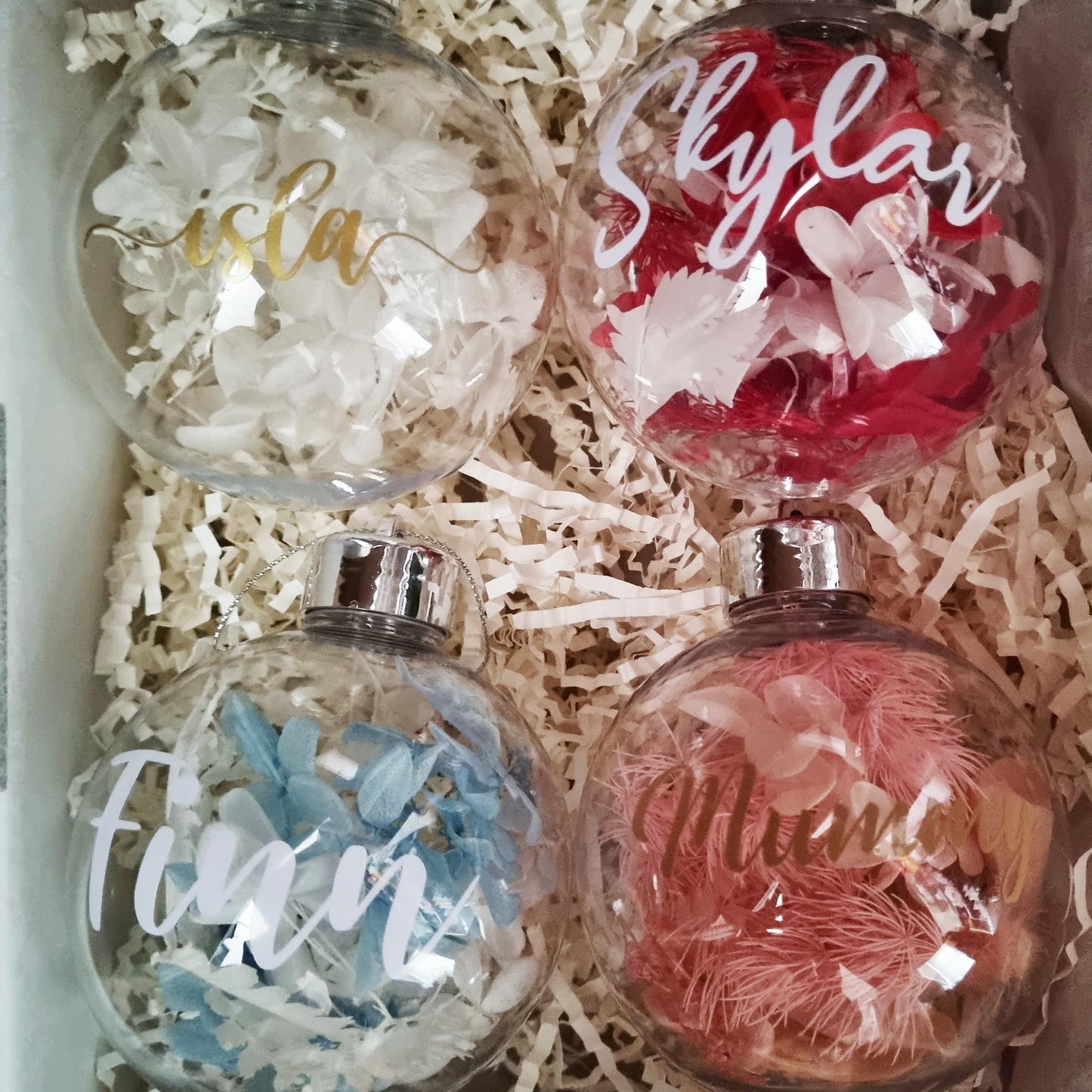 Personalised Dried Flower Shatterproof Christmas Baubles.