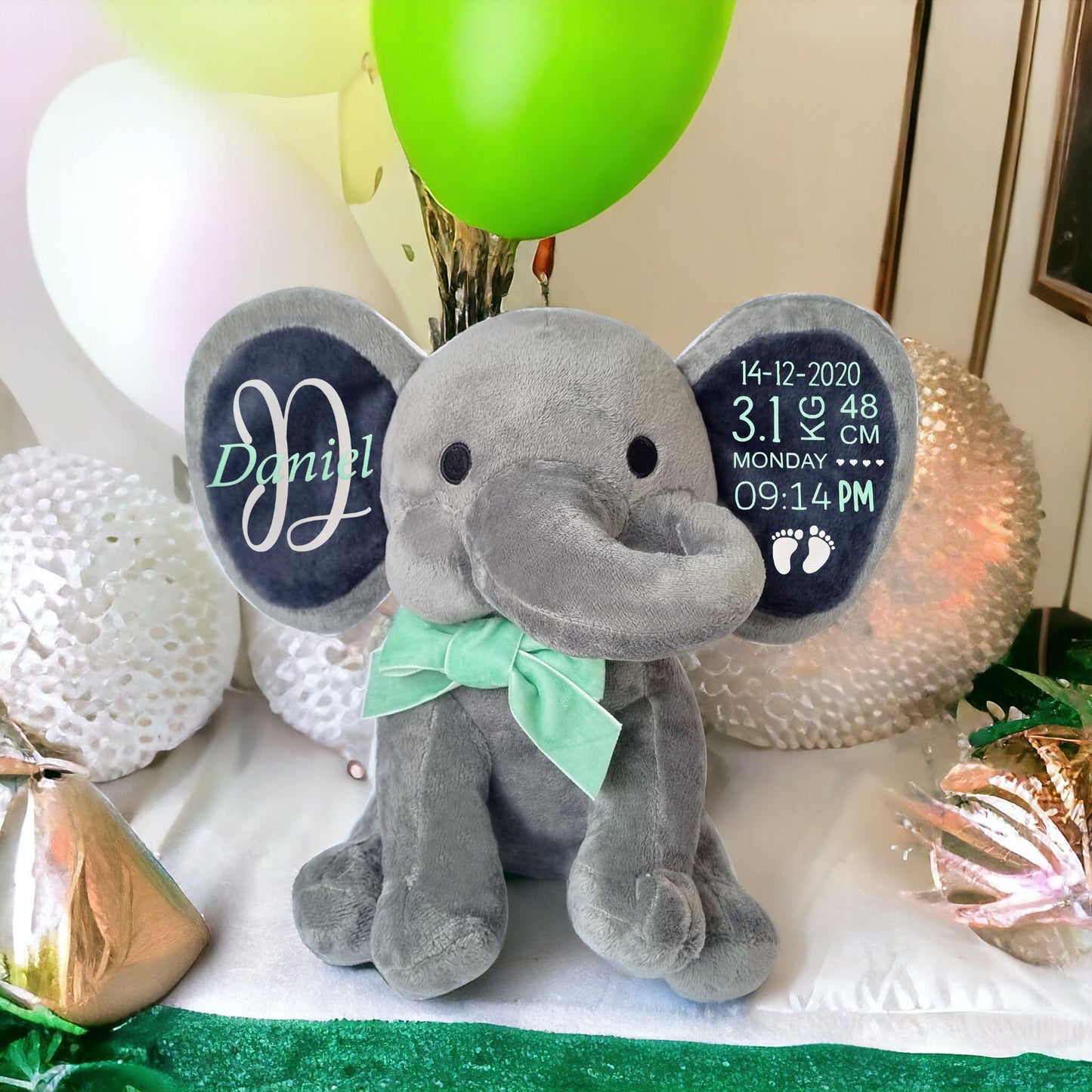 "GREY" Personalized Baby Birth Stats Elephant.