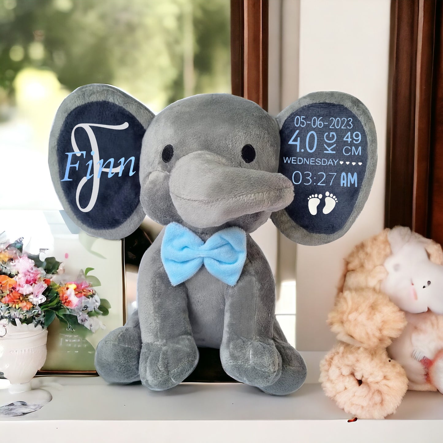 "GREY" Personalized Baby Birth Stats Elephant.