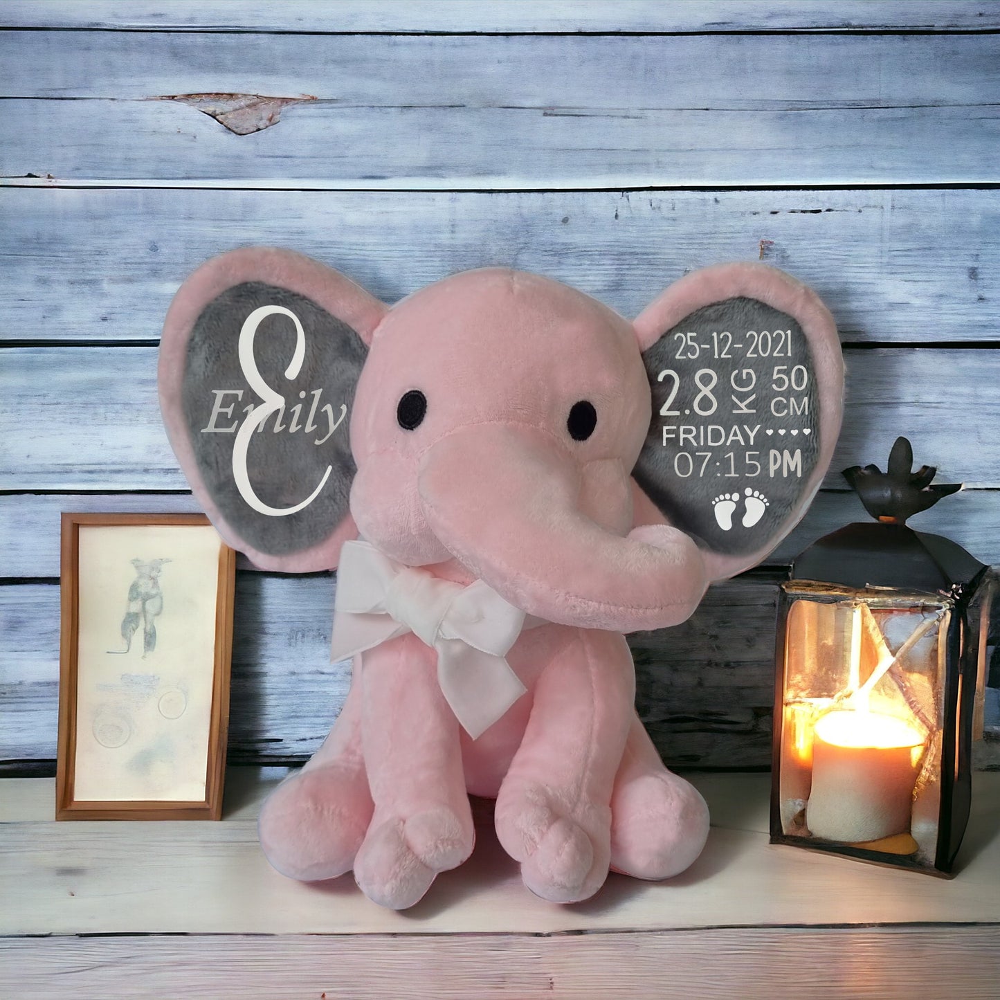 "GREY" Personalized Baby Birth Stats Elephant.