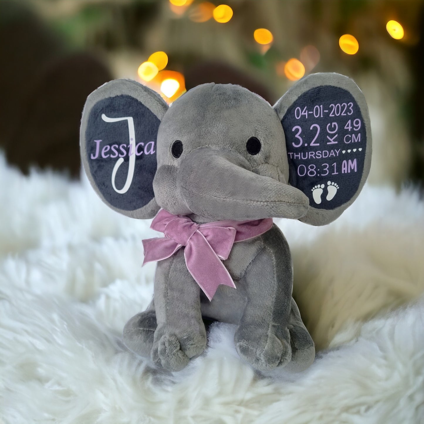 "GREY" Personalized Baby Birth Stats Elephant.