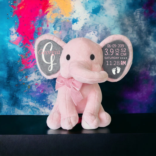 "PINK" Personalized Baby Birth Stats Elephant.