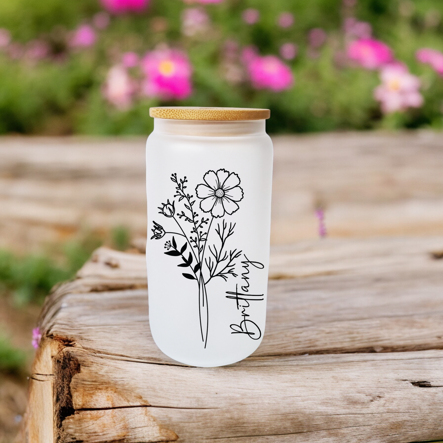 Personalised Birth Month Flower Glass Can.(16Oz)