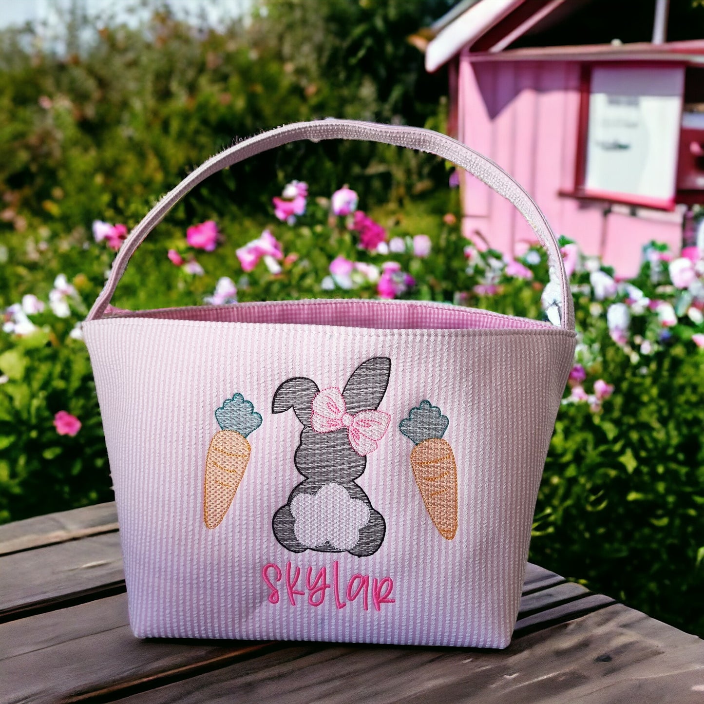 Personalized Embroidered Bunny with Bow Easter Basket.