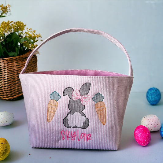 Personalized Embroidered Bunny with Bow Easter Basket.