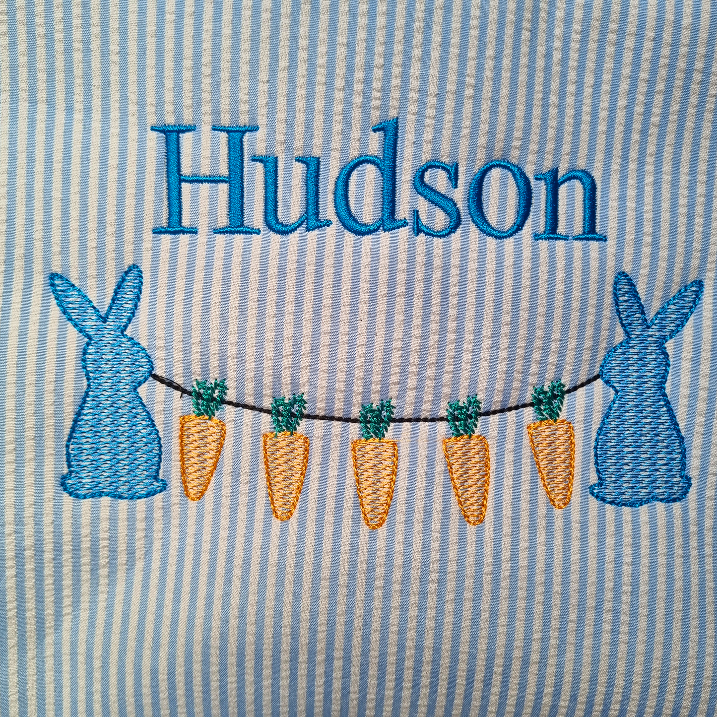 Personalized Embroidered Bunnies Holding Carrots Easter Basket.