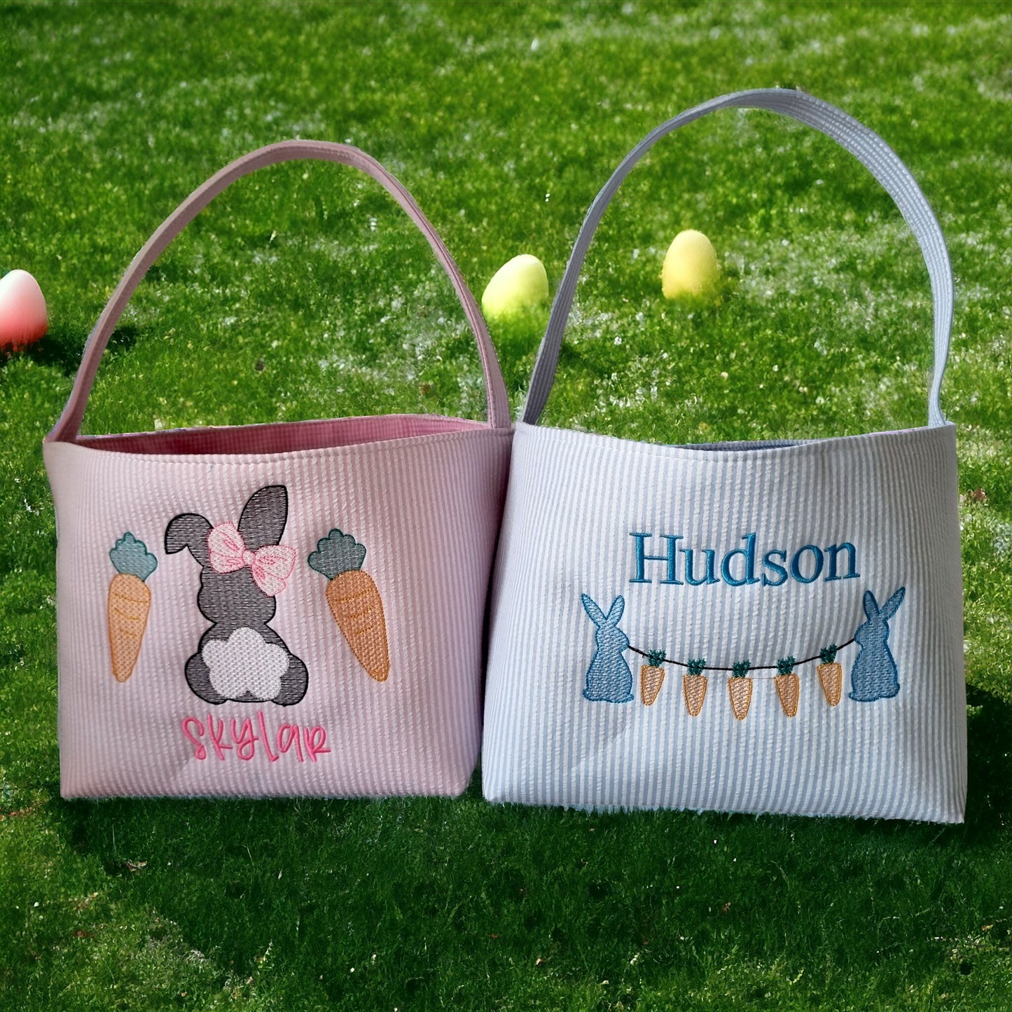 Personalized Embroidered Bunnies Holding Carrots Easter Basket.