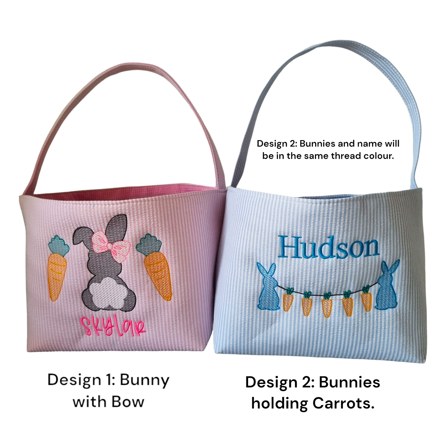 Personalized Embroidered Bunnies Holding Carrots Easter Basket.