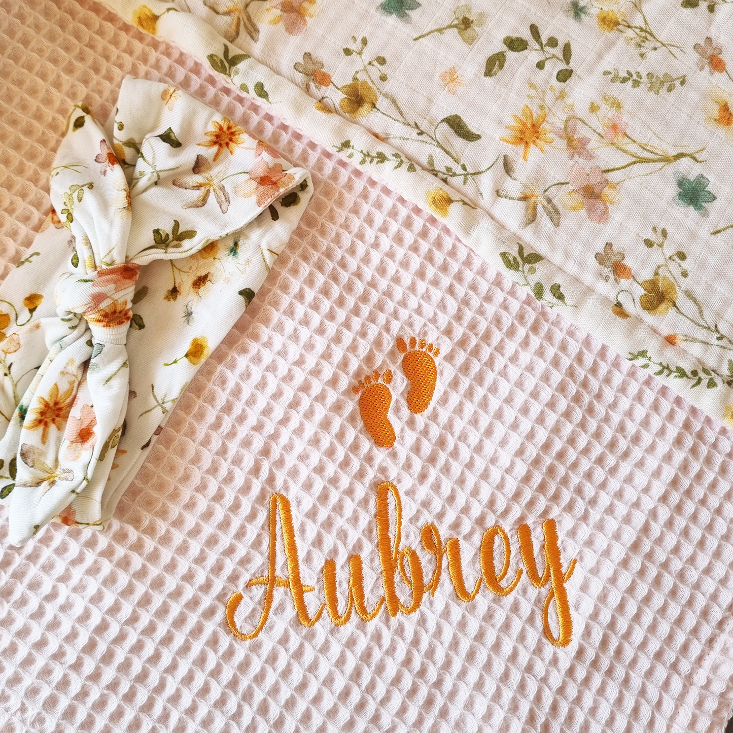 Pink Floral Printed Muslin Baby Blanket Set.(Blanket+ Headband)