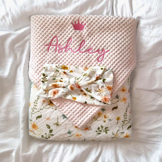 Pink Floral Printed Muslin Baby Blanket Set.(Blanket+ Headband)