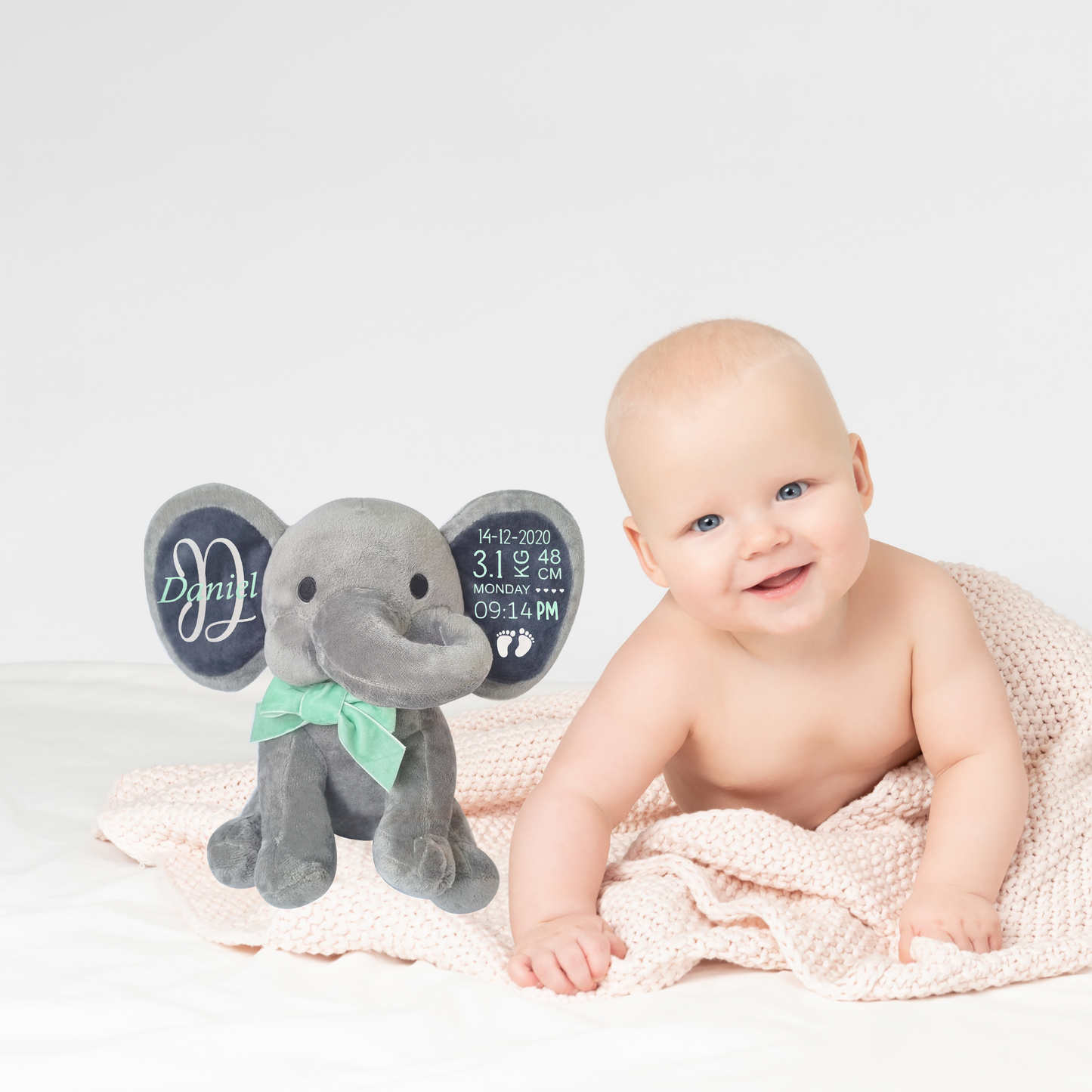 "GREY" Personalized Baby Birth Stats Elephant.