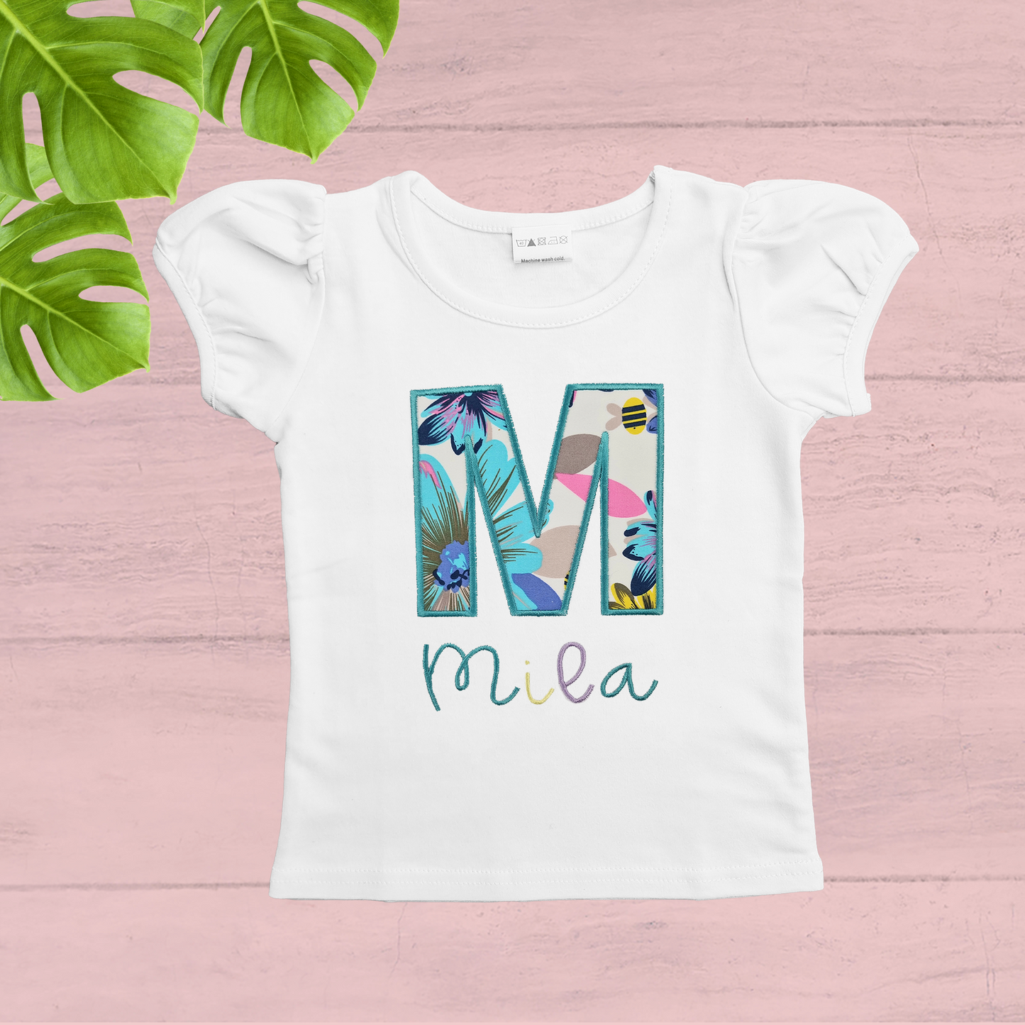 Personalised Floral Alphabet Name Applique T-shirt.